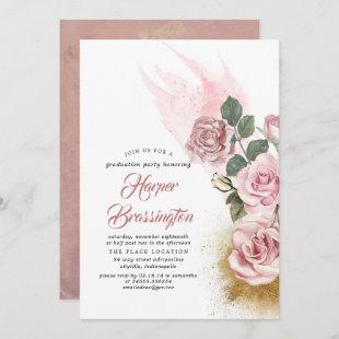 Gold Glitter and Dusty Rose Floral Graduation Invitation