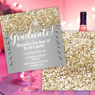 Gold Glitter and Metallic Silver Graduation Invitation