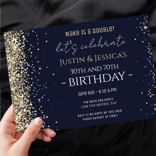 Gold Glitter Blue Double Birthday Party  Invitation