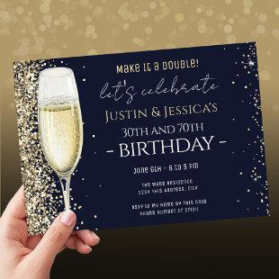 Gold Glitter Blue Double Champagne Birthday Party  Invitation