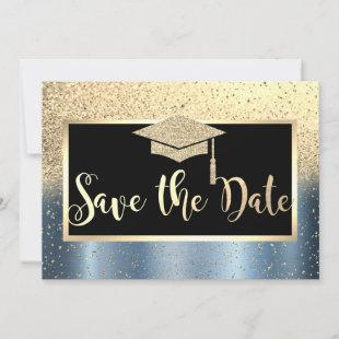 Gold Glitter Blue Graduation Save The Date