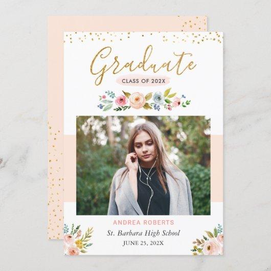 Gold Glitter Blush Pink Floral Photo Graduation Announcement