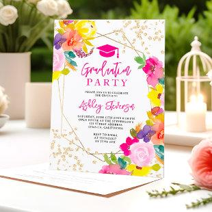 Gold glitter boho bold floral photo graduation invitation