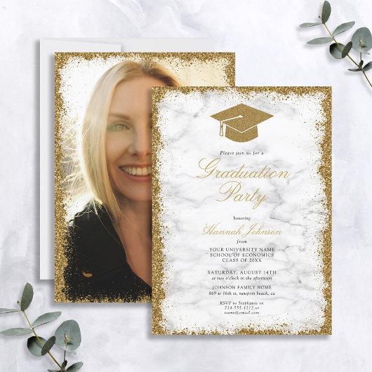 Gold Glitter Cap Marble Photo Graduation Party Invitation