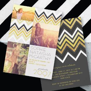 Gold Glitter Chic Chevron Stripes Graduation Party Invitation
