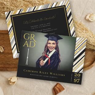 Gold Glitter Chic Stripes Photo Graduation Party Invitation