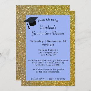 Gold Glitter Dinner Blue Graduation Invitation