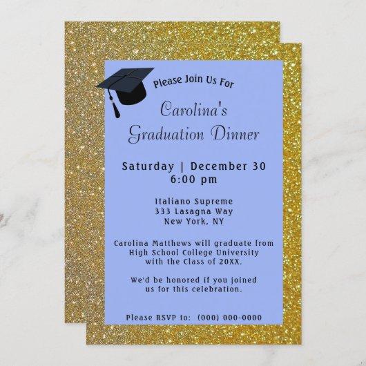 Gold Glitter Dinner Blue Graduation Invitation