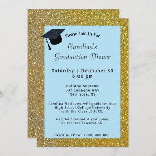 Gold Glitter Dinner Light Blue Graduation Invitation