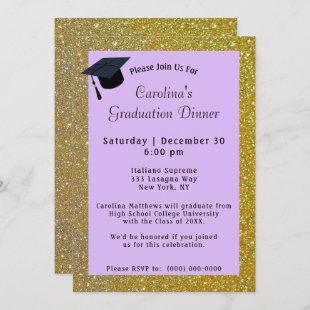 Gold Glitter Dinner Purple Graduation Invitation