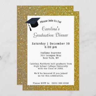 Gold Glitter Dinner White Graduation Invitation