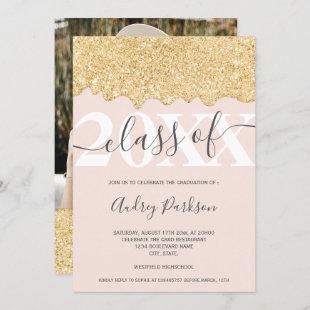 Gold glitter drips photo pink 2020 graduation invitation