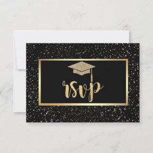 Gold Glitter Grad Cap, Confetti  Graduation Party RSVP Card