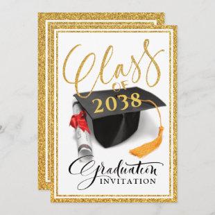 Gold Glitter Grad Cap Graduation Announcement Card