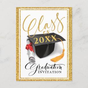 Gold Glitter Grad Cap Graduation Announcement Postcard