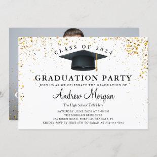 Gold Glitter Grad Cap Graduation Party Photo Invitation