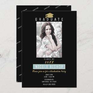 Gold Glitter Grad Cap Modern Graduation Party Invitation