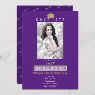 Gold Glitter Grad Cap Purple Graduation Party  Invitation
