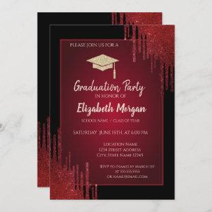 Gold Glitter Grad Cap,Red Drips Black Graduation  Invitation