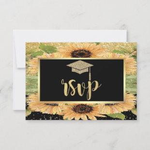 Gold Glitter Grad Cap, Sunflowers Graduation Party RSVP Card