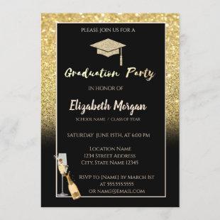 Gold Glitter Graduation Cap,Confetti,Wine,Glass Invitation