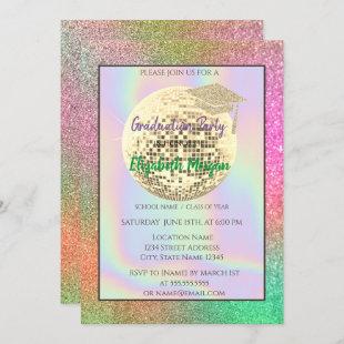 Gold Glitter Graduation Cap,Disco Ball,Colorful Invitation