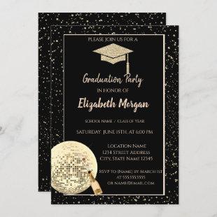 Gold  Glitter Graduation Cap,Disco Ball Confetti Invitation