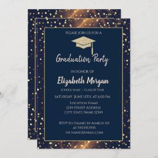 Gold Glitter Graduation Cap,Polka Dots,Navy Blue Invitation