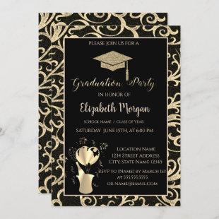 Gold Glitter Graduation Cap SwirlsGraduation Party Invitation