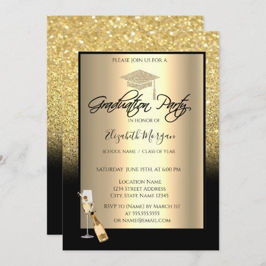 Gold Glitter Graduation Cap,Wine,Glass Graduation Invitation