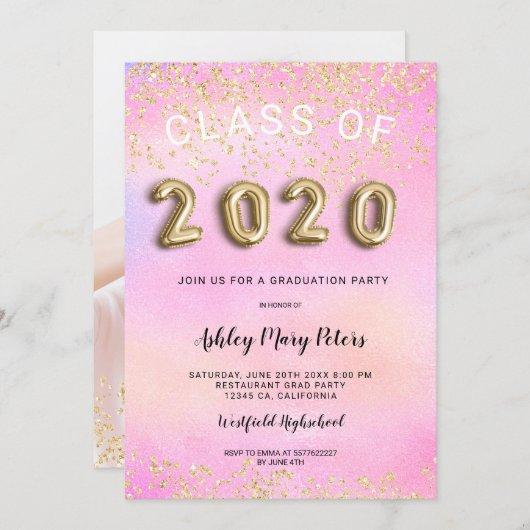 Gold glitter holographic photo graduation 2020 invitation
