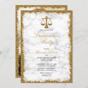 Gold Glitter Marble Law School Graduation Party Invitation