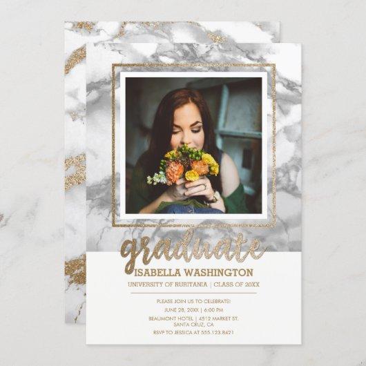 Gold Glitter Marble Script Photo Graduation Party Invitation