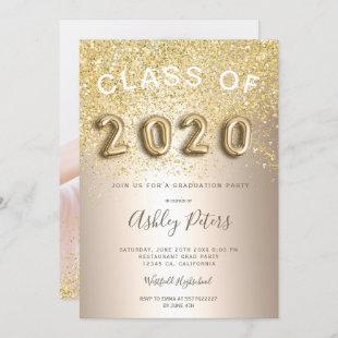 Gold glitter metallic foil photo graduation 2020 invitation