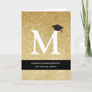 Gold Glitter Monogram Alphabet M Modern Photo Grad Invitation