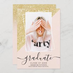 Gold Glitter pink graduate photo graduation Invitation