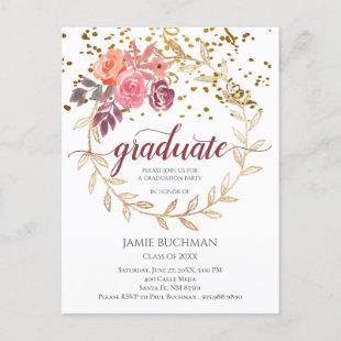Gold Glitter Pink Marsala Floral Graduation Party Invitation Postcard