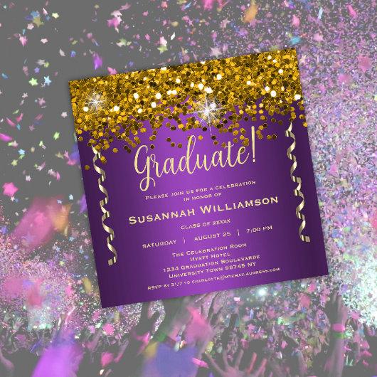 Gold Glitter Purple Graduation Party Invitation