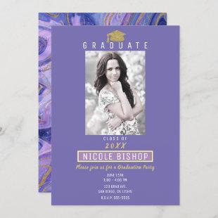 Gold Glitter Purple Marble Glam Graduation Party   Invitation