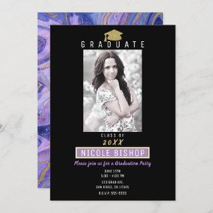 Gold Glitter Purple Marble Glam Graduation Party Invitation