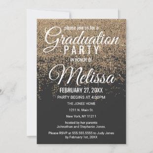 Gold Glitter Sparkles Black Graduation Invitation