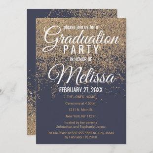Gold Glitter Sparkles Navy Blue Graduation Party Invitation