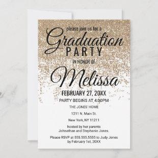 Gold Glitter Sparkles White Graduation Invitation