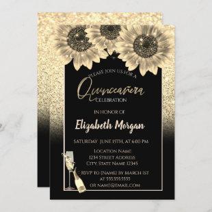 Gold Glitter Sunflowers,Wine Glass Quinceanera Invitation