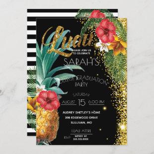 Gold Glitter Tropical Flowers Graduation Party Invitation