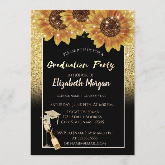 Gold Glitter,Wine,Glass, Sunflowers Invitation