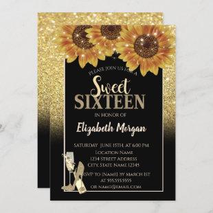 Gold Glitter,Wine,Glass, Sunflowers Sweet 16 Party Invitation
