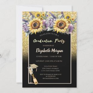Gold Glitter,Wine,Glass,Sunflowers Violet Flowers Invitation