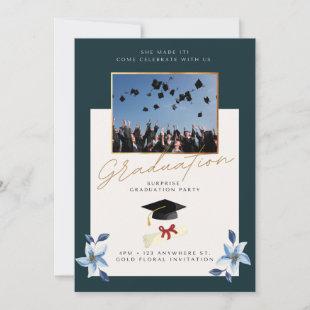 Gold Glitters Greenery Floral Graduation Party Invitation