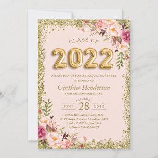 Gold Glitters Pink Floral Balloons 2022 Graduation Invitation
